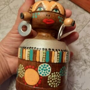 ONE upcycled vtg wood candle holder Tribal handpainted